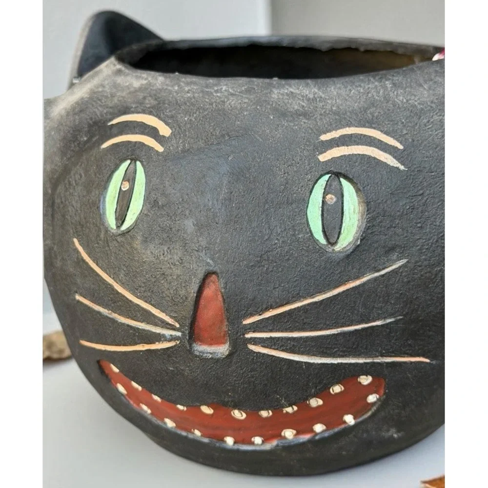 Black Cat Halloween Candy Bucket Paper Mache 12